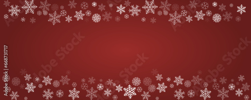 Christmas snowflakes red background. Winter gold snow falling minimal decoration, greeting card. Noel subtle backdrop. Vector illustration