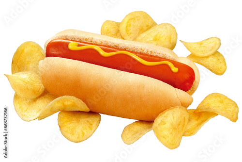 hot dog com molho de mostarda amarela acompanhado de batatas chips isolado em fundo transparente - cachorro-quente com mostarda Dijon  photo