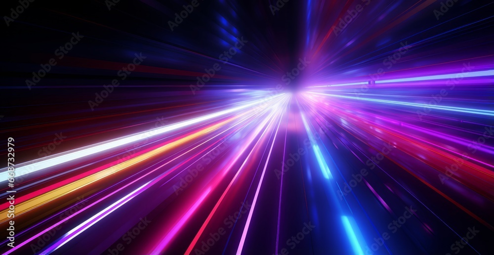 futuristic light rush, vibrant streaks creating an ethereal tunnel of glowing beams and abstract beauty.