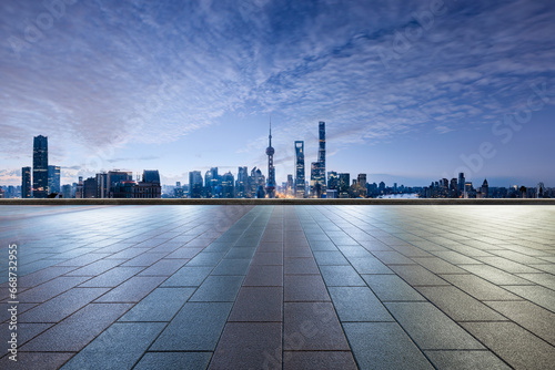 Square floor with city buildings skyline background in Shanghai