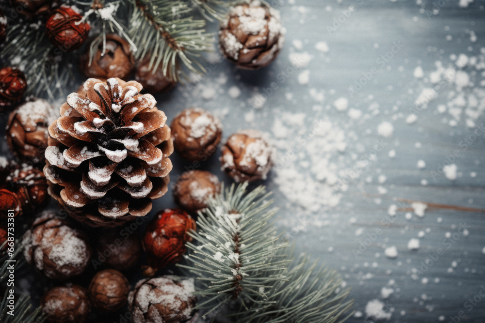 Christmas tree branches with cones and snow. Christmas tree branches with cones and snow.