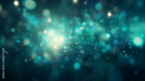 Teal glitter glow particle bokeh background. Festive celebration wallpaper concept