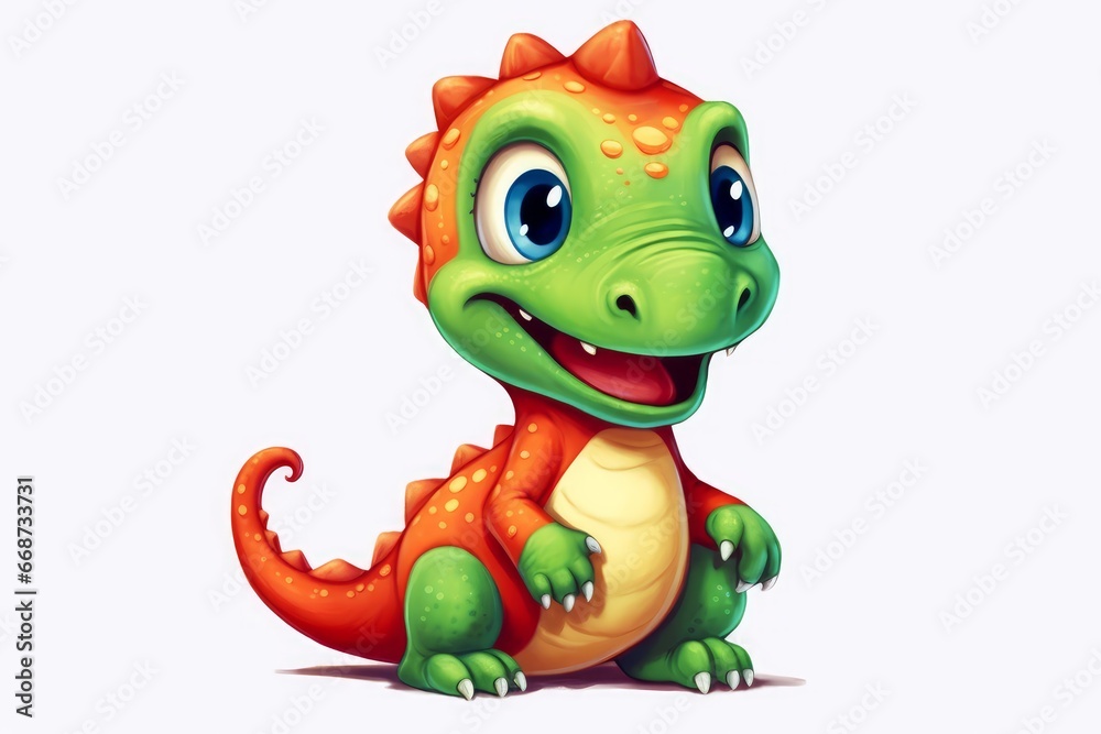 Cute kawaii dinosaur with a big grin, single, white background. AI generated