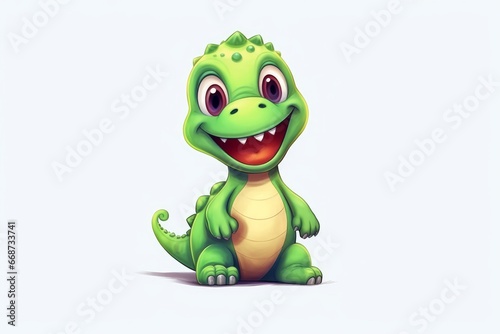 Cute kawaii dinosaur with a big grin  single  white background. AI generated