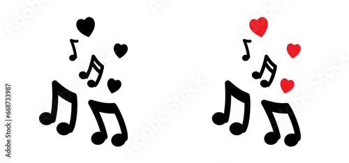 Musical notes stave and love, heart symbol icon for staff and music note theme Transparent background wave Piano, jazz sound notes Fun vector key sign Classic clef Doodle quaver G melody on paper