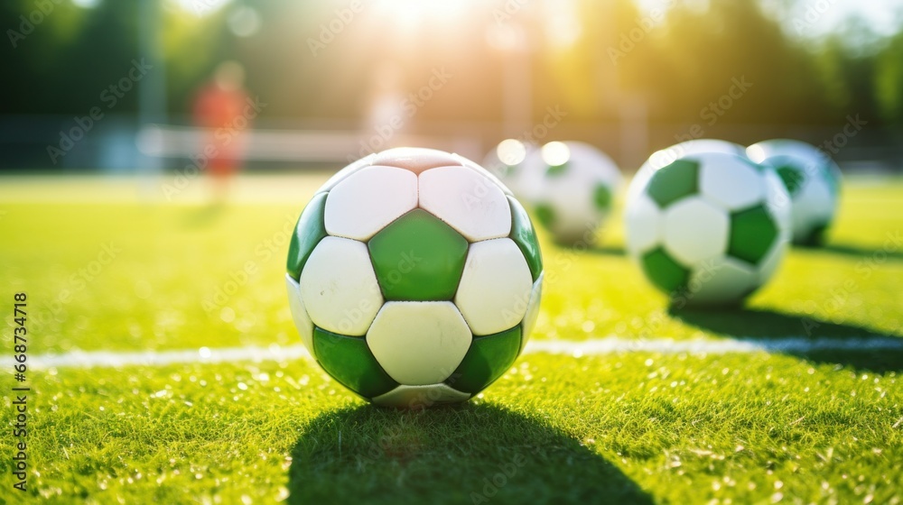 Fototapeta premium Soccer ball on green grass with sun shining in the background.