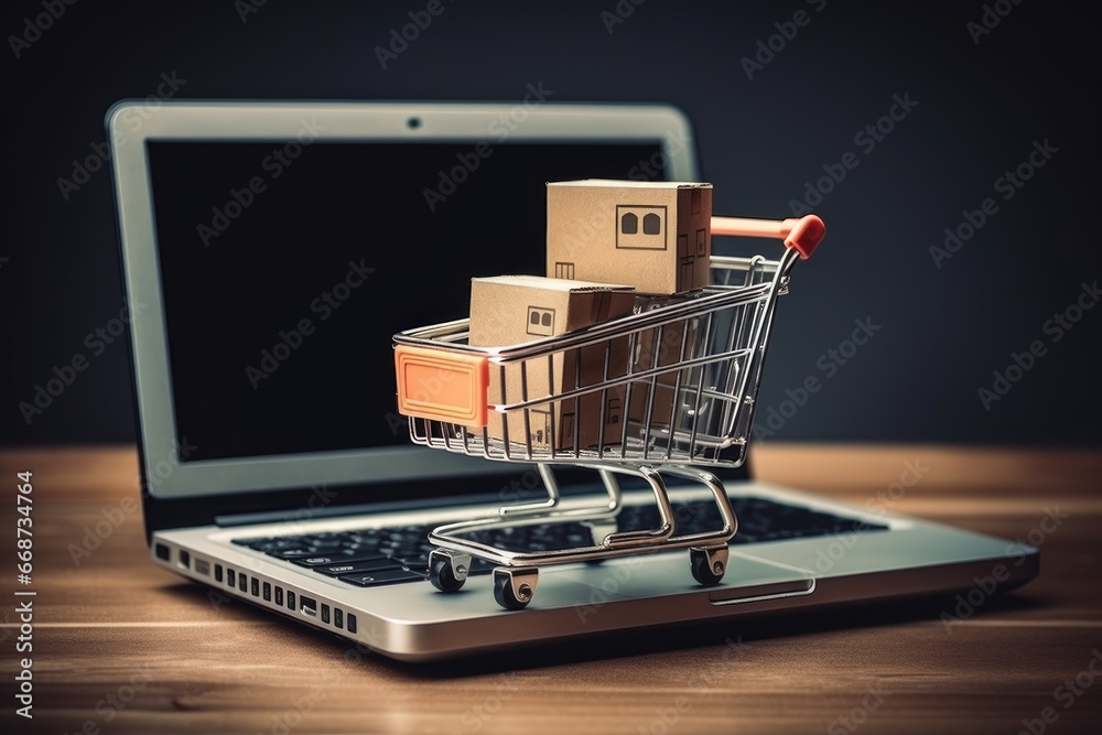 miniature shopping cart with cardboard boxes above laptop, online ecommerce