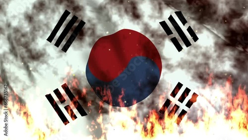 韓国の国旗と炎