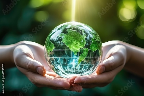 Hands holding glass globe world In green forest with warm sunlight. earth day environment conservation concept.