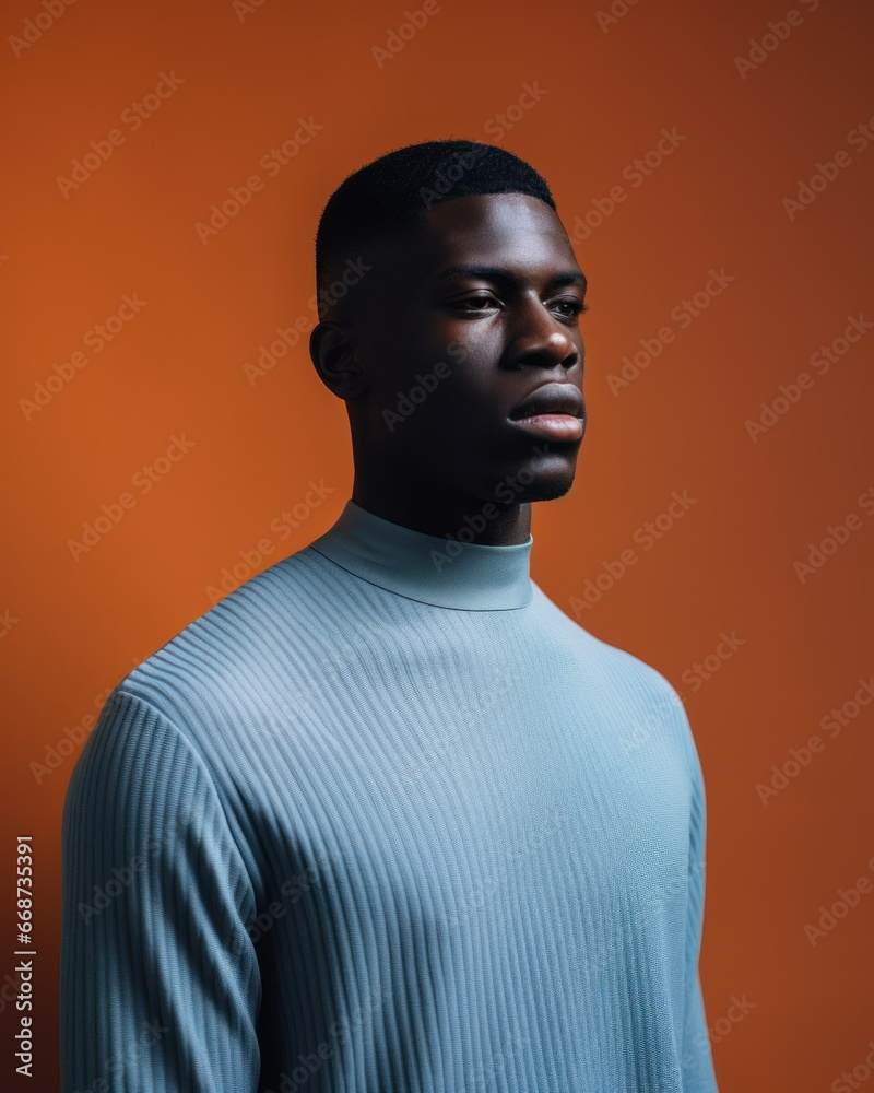 Fototapeta premium An African man wearing a blue shirt is depicted against a dark orange background in the image.