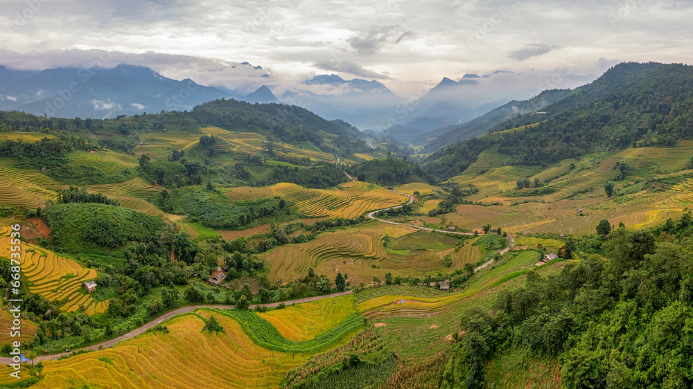 Aerial view of rice field or rice terraces , Sapa, Vietnam. Suoi Thau village