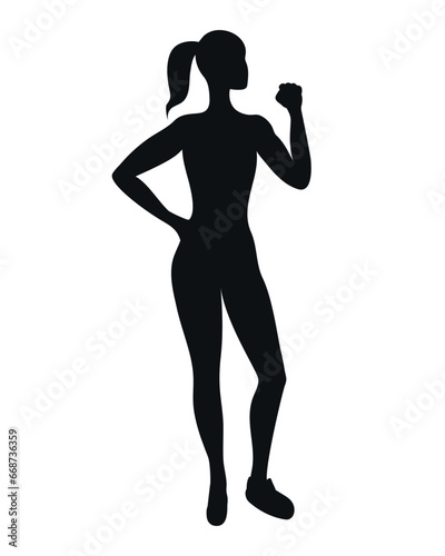 Female silhouette with raised fist. Strong woman silhouette. Vector illustration