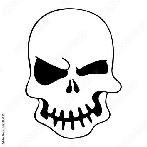 Grinning skull line art. Hand drawn doodle illustration.