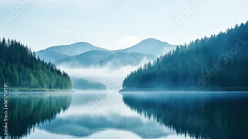 Foggy landscape showcasing serene lake amidst verdant trees and towering peaks.