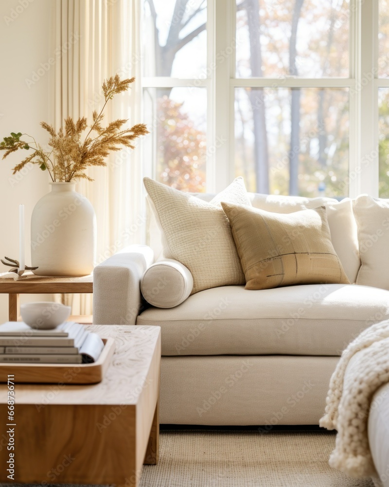 Fototapeta premium A minimalist photography of a white couch, accentuated by soft pillows and complemented by a simple coffee table.