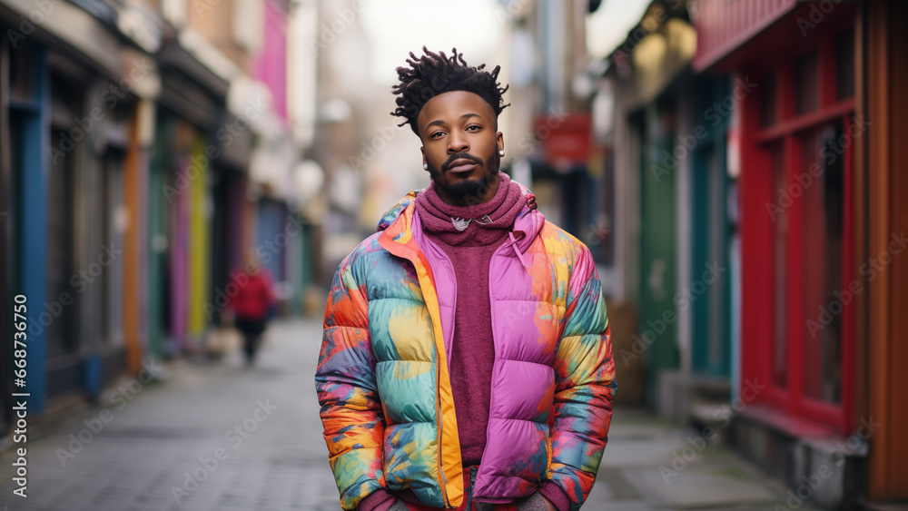 Gay fashion model wearing brightly colored clothes seen on the street