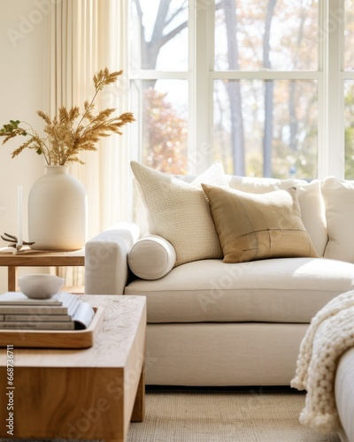 A minimalist photography of a white couch  accentuated by soft pillows and complemented by a simple coffee table.