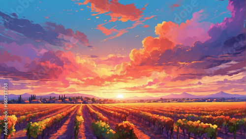 Sky with a fiery sunset over a vineyard, painting rows of grapevines in rich, warm colors, Anime Style.