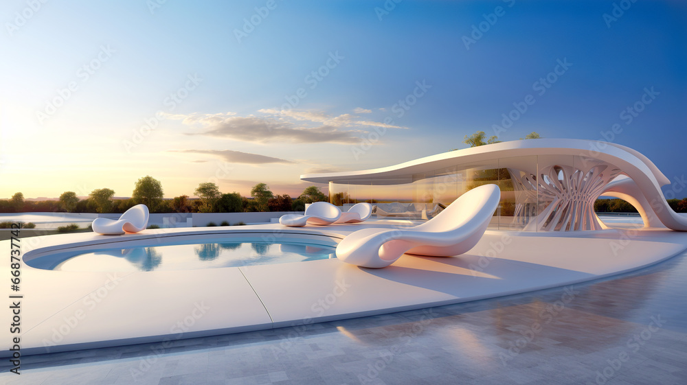 Modern home with pool and sunbeds. Comfort and luxury appear in all forms. Modern architecture concept. AI generated.