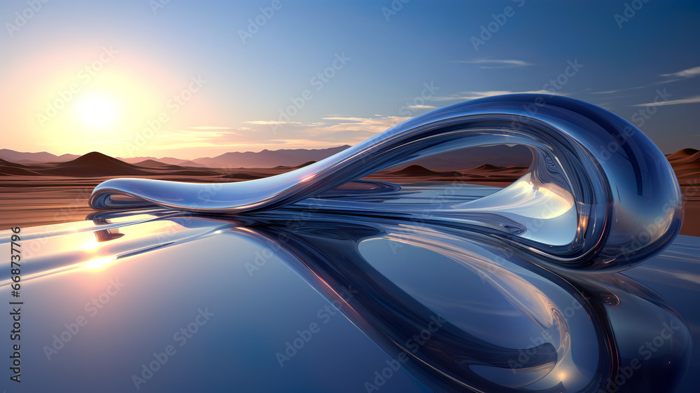 Fototapeta premium A sleek, metallic sculpture with fluid curves is set against a serene desert landscape at sunset. The reflection on the surface adds to the ethereal quality of the scene.AI generated.
