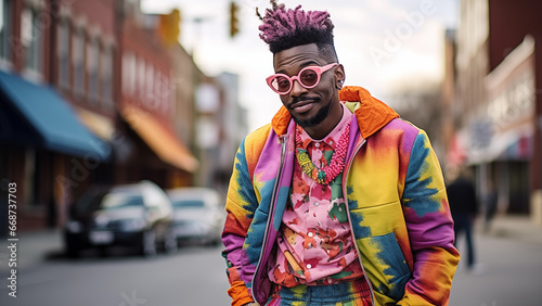 Gay fashion model wearing brightly colored clothes seen on the street