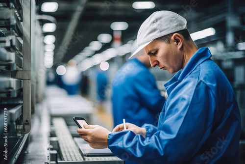 Worker in factory checking smartphone. Worker in work clothes in smartphone factory.