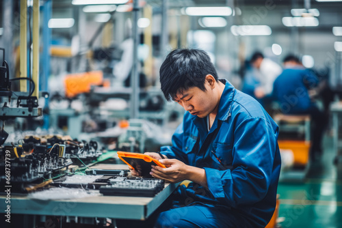 Worker in factory checking smartphone. Worker in work clothes in smartphone factory. photo