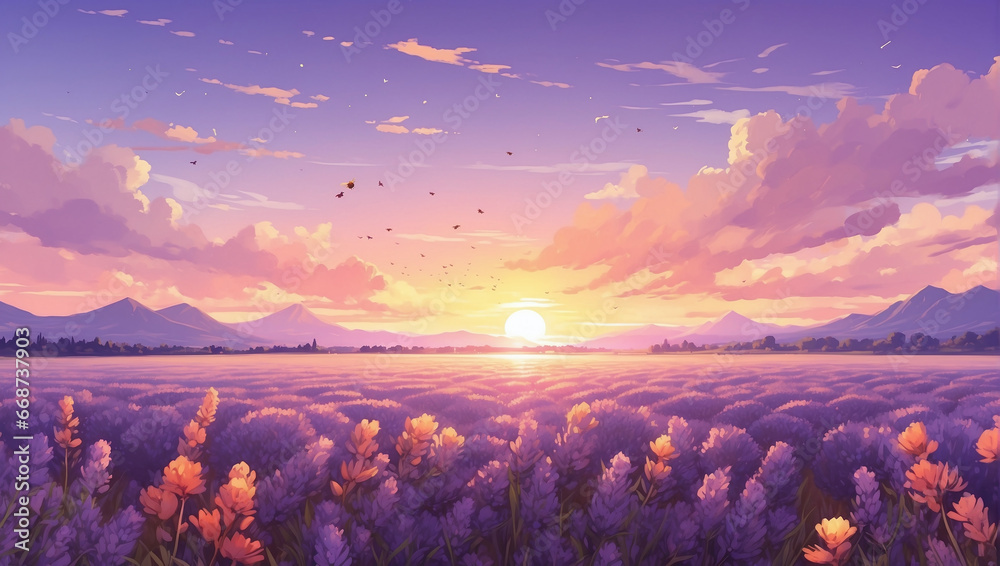 Sunset over a lavender field, with fragrant blooms and bees in the warm evening light, Anime Style. - obrazy, fototapety, plakaty 