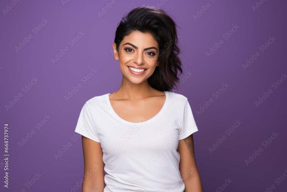 Fototapeta premium Portrait of a fictional beautiful young woman in a blank t-shirt smiling. Isolated on a plain colored background. Generative AI.
