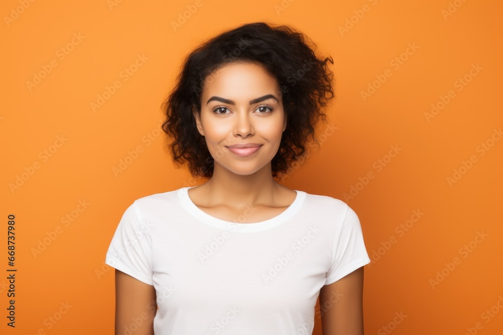 Portrait of a fictional beautiful young woman in a blank t-shirt smiling. Isolated on a plain colored background. Generative AI. Portrait of a fictional beautiful young woman in a blank t-shirt smiling. Isolated on a plain colored background. Generative AI.