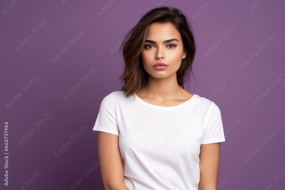 Fototapeta premium Portrait of a fictional beautiful young woman in a blank t-shirt smiling. Isolated on a plain colored background. Generative AI.
