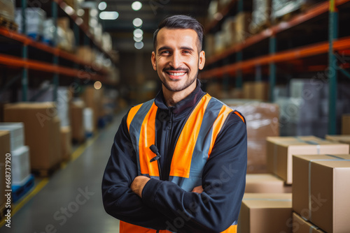 Logistics company worker. Confident young logistics centre worker standing in warehouse.