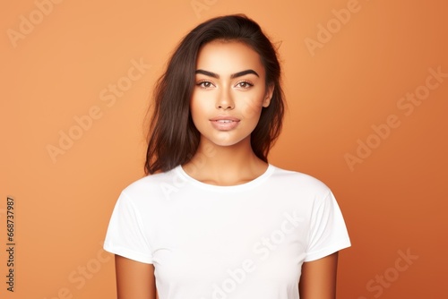 Portrait of a fictional beautiful young woman in a blank t-shirt smiling. Isolated on a plain colored background. Generative AI.