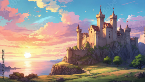 Sunset over a medieval castle  with turrets and battlements catching the last rays of daylight  Anime Style.