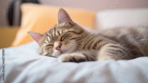A cute cat peacefully napping on a bed, looking sweetly at the camera with an endearing gaze, set against a background of beautiful bokeh blur and lovely lighting
