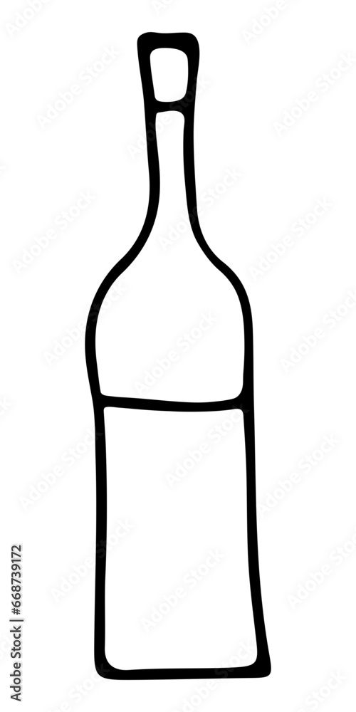 Drink dishes outline bottle. Line art hand drawn illustration. Black vector sketch isolated on transparent background.