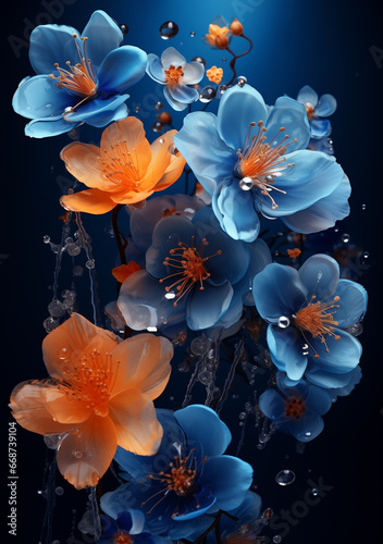 blue flowers wallpaper, in the style of dark orange and dark aquamarine