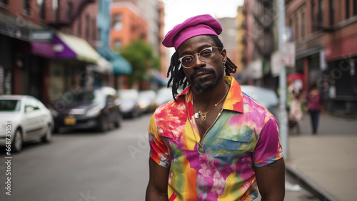 Gay fashion model wearing brightly colored clothes seen on the street