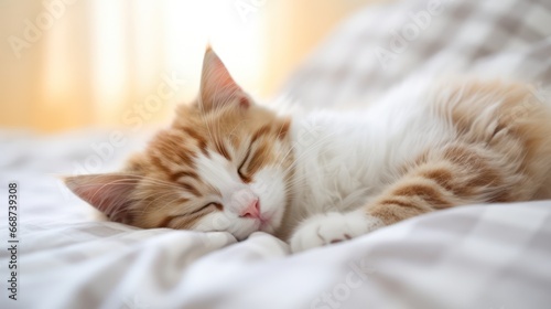 An endearing cat peacefully napping on a bed, sweetly gazing at the camera, bathed in beautiful lighting and a bokeh blur effect.