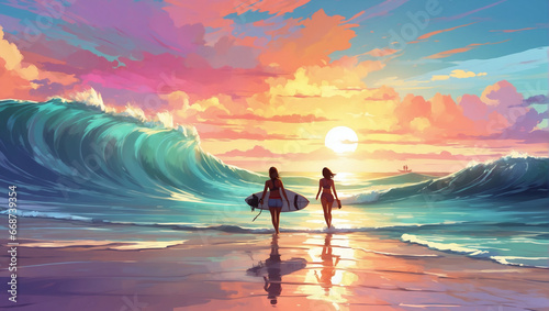 Vibrant beach sunset, with surfers riding waves as the sun sets on the horizon, Anime Style.