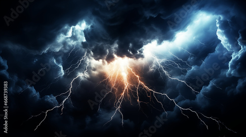 Strike of lightning on dark, futuristic light background. photo