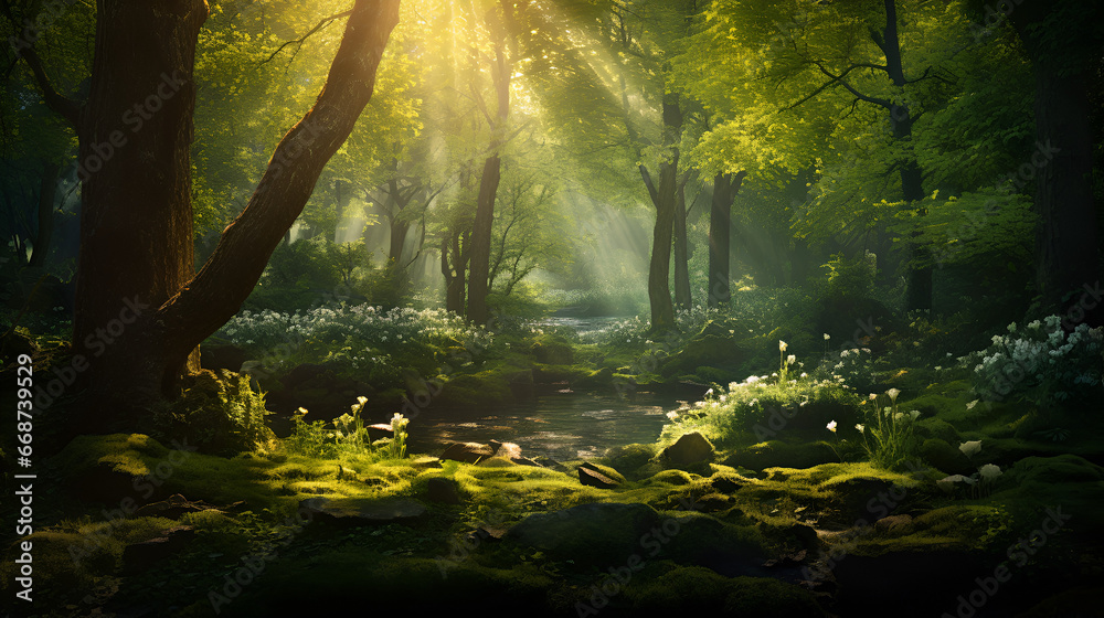 A magical woodland glade illuminated by rays of sunlight filtering through the dense canopy - obrazy, fototapety, plakaty 