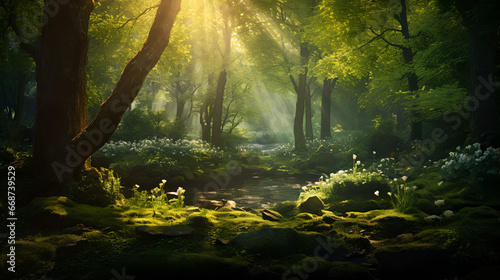 A magical woodland glade illuminated by rays of sunlight filtering through the dense canopy #668739529