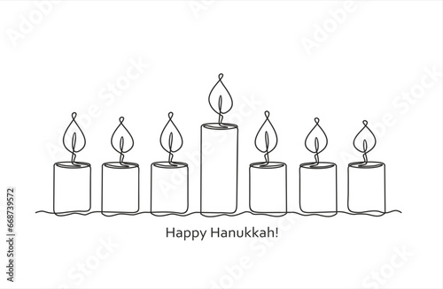 Happy Hanukkah. Menorah one line drawing. Continuous one single line drawing of Traditional Jewish candle. Judaism. 
