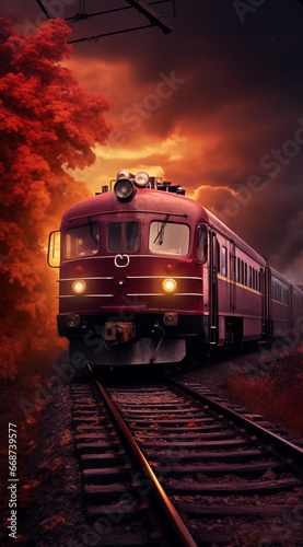 A train and Railroad tracks with trees, in the style of romantic and nostalgic themes