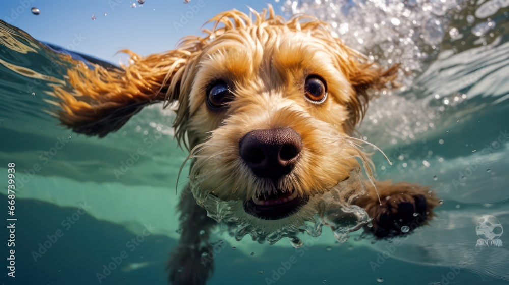 Close up photo of dog swimming or underwater, looking at camera