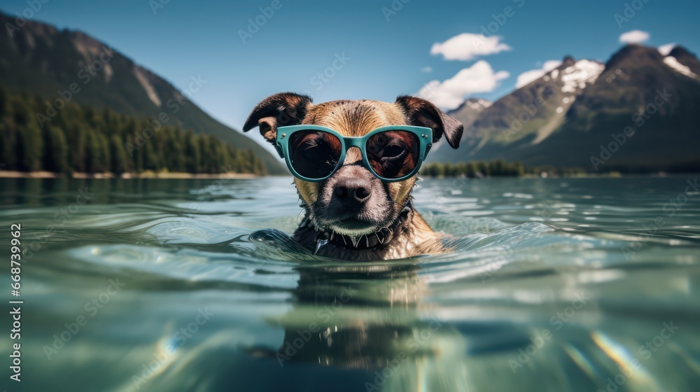An adorable dog, donning sunglasses and swimming in a lake, surrounded by a scenic green and beautiful natural environment.