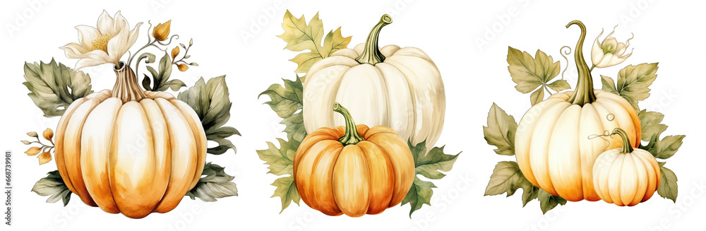 Set of hand drawn watercolor vintage pumpkin with leaves isolated on ...