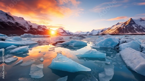 A stunning photograph of melting icebergs landscape, producing drifting ice fragments that glisten beneath the splendid sunlight. photo