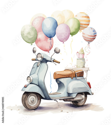 Cartoon rabbit on a scooter and balloons in 3d style. Isolated vector illustration